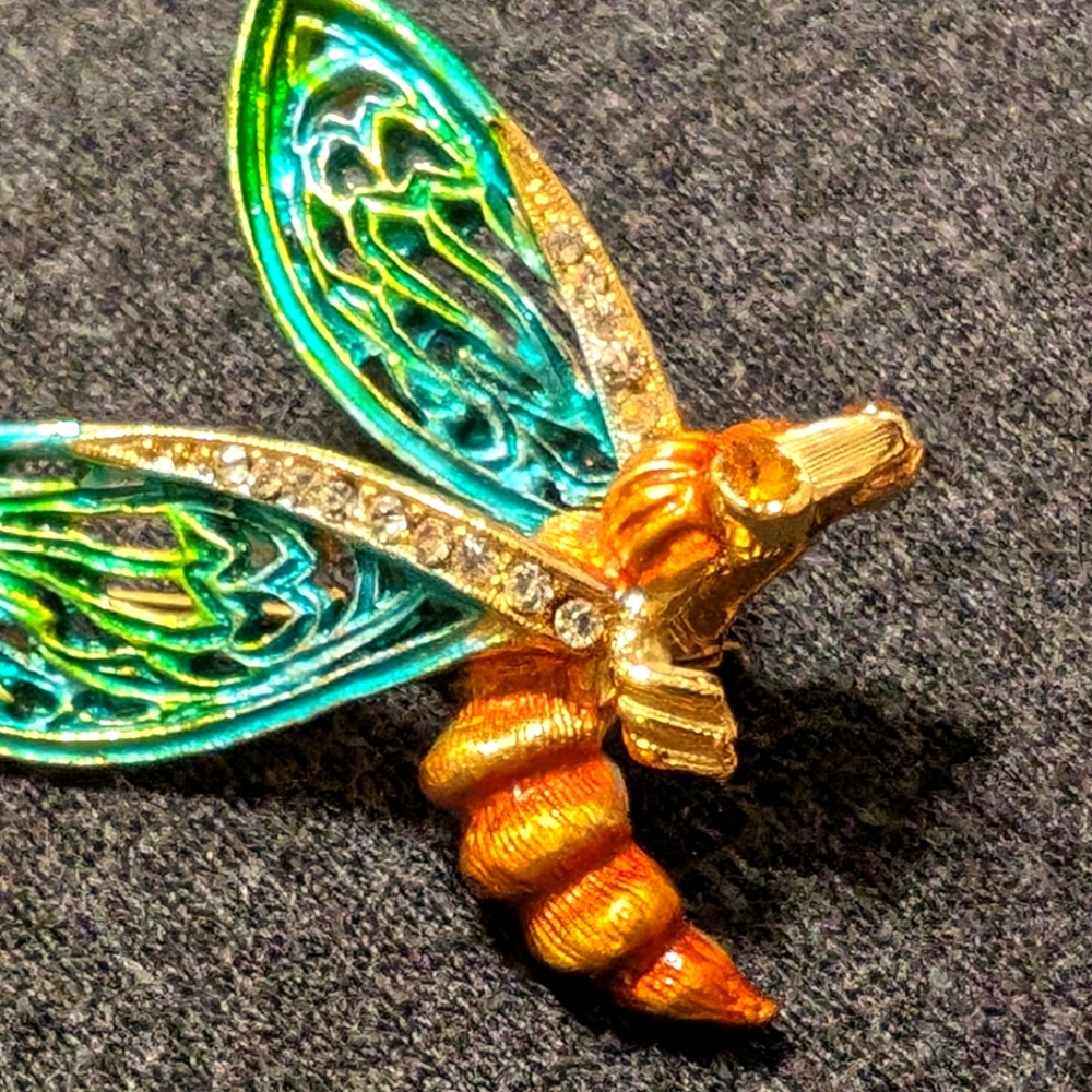 Vintage Enameled Painted Wasp Brooch with Rhinestones and Topaz Stones